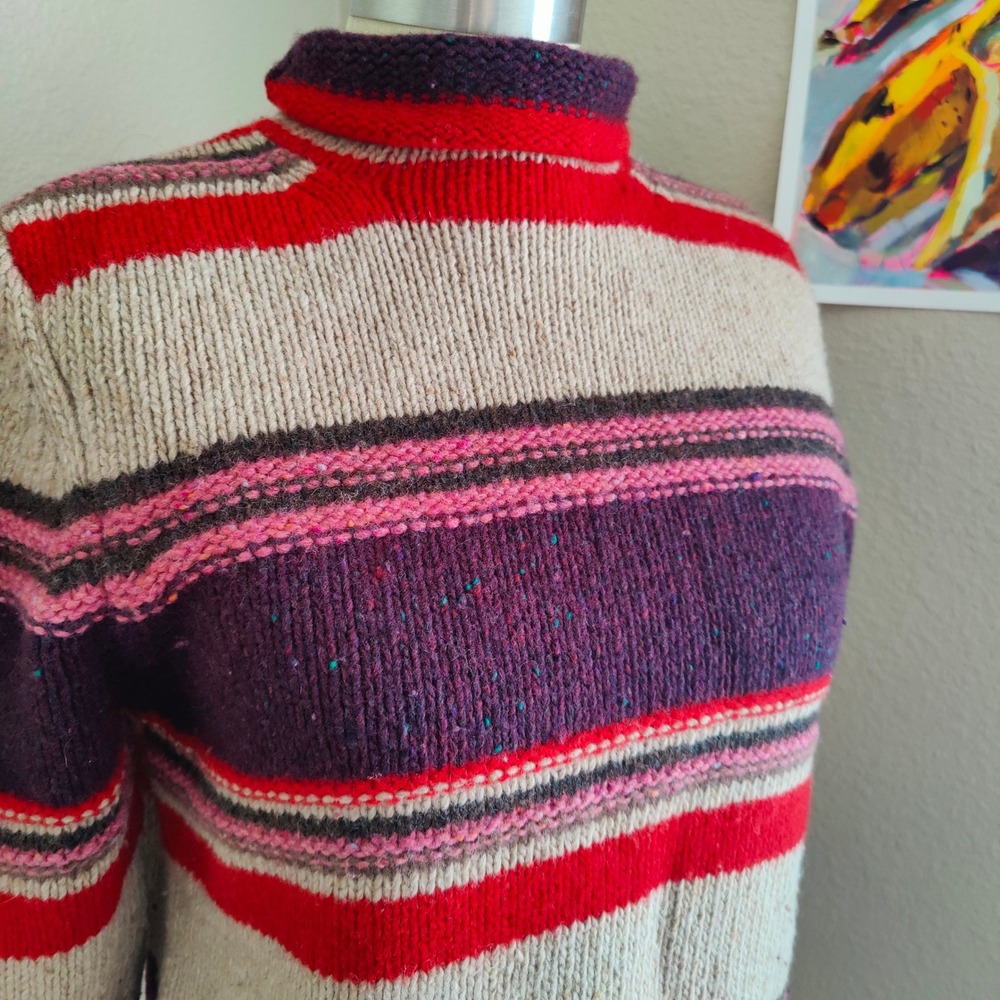 Vintage 90s Eddie Bauer Lambswool Sweater Rollneck Striped Whimsy Boho Artsy M - Picture 2 of 8